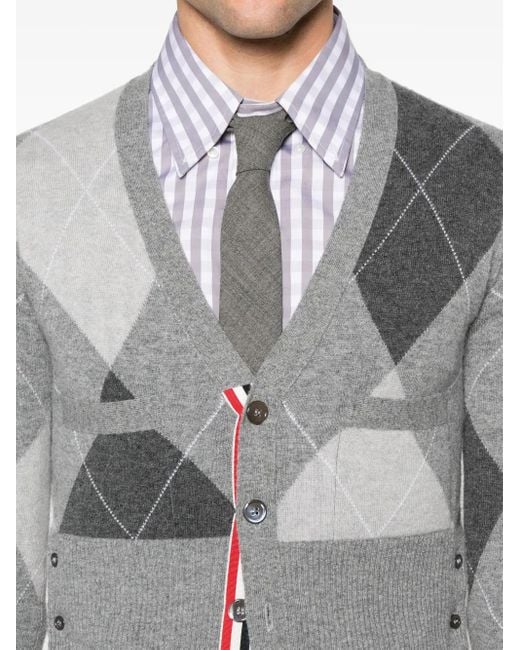 Thom Browne Gray Argyle-Pattern Cashmere Cardigan for men