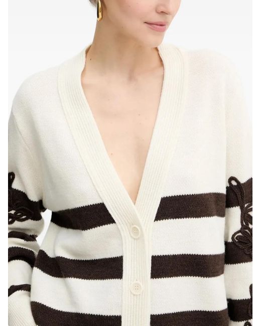 ERMANNO FIRENZE White Striped-Pattern Floral-Appliqué Cardigan