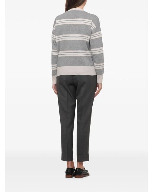 Peserico Gray Striped Lurex-Detailed Sweater