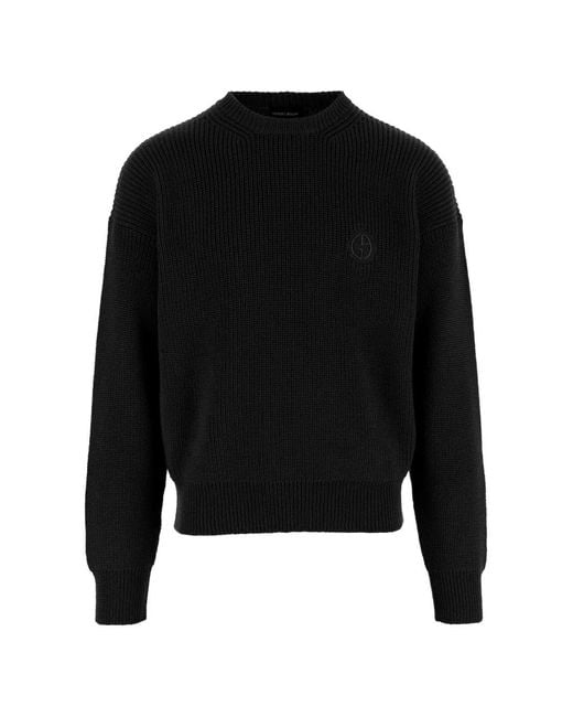 Giorgio Armani Black Logo-Patch Ribbed-Knit Virgin-Wool Sweater for men