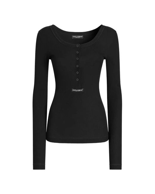 Dolce & Gabbana Black Ribbed Cotton Serafino T-Shirt