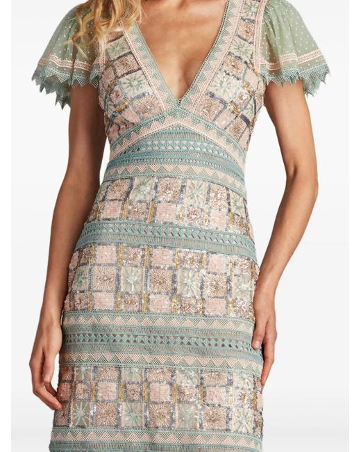 Tadashi Shoji Jurk Met V-Hals En Geborduurde Bloemen in het Green