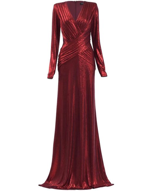 Tadashi Shoji Red Metallic Draped Criss-Cross Evening Gown