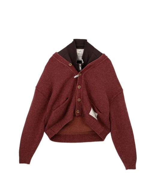 Maison Mihara Yasuhiro Red Distressed Cable-Knit Cardigan