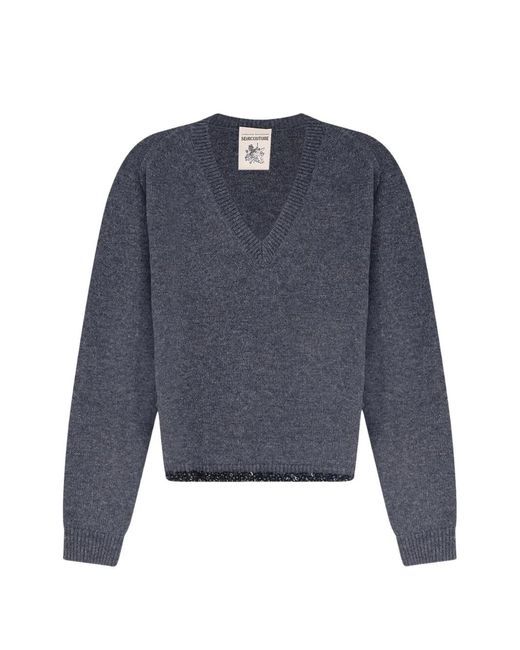 Semicouture Blue Celia Sequin-Embellished V-Neck Sweater