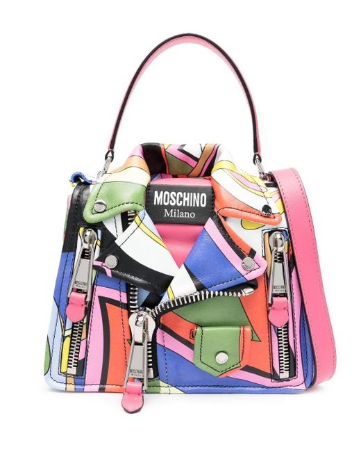 Moschino Multicolour Print Nappa Leather Biker Bag in White Lyst