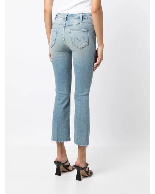Mother Blue Denim Flared Cropped Trousers