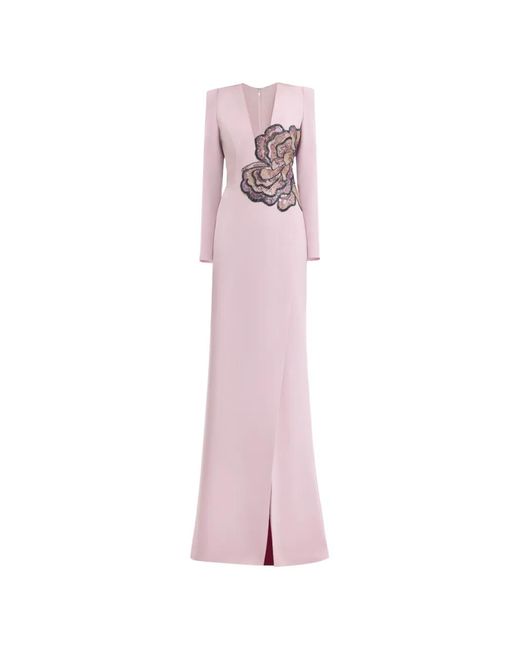 Gemy Maalouf Pink Beaded V-Neck Maxi Dress