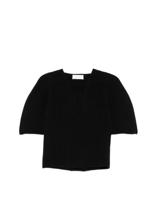 Christian Wijnants Black Ribbed-Knit V-Neck Short Sleeve Sweater