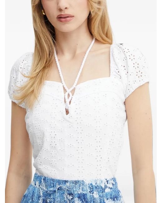 Guess Blue Broderie-Anglaise Lace-Up Top