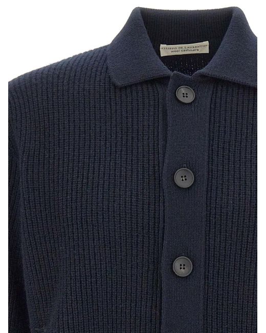 FILIPPO DE LAURENTIIS Blue Ribbed Patch-Pocket Cardigan for men