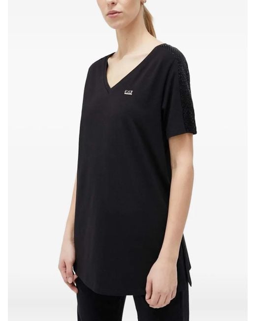 EA7 Black Sequin-Embellished V-Neck T-Shirt