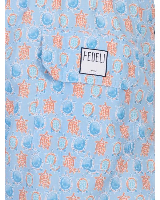 Fedeli Blue Print-Detail Drawstring Swim Shorts for men