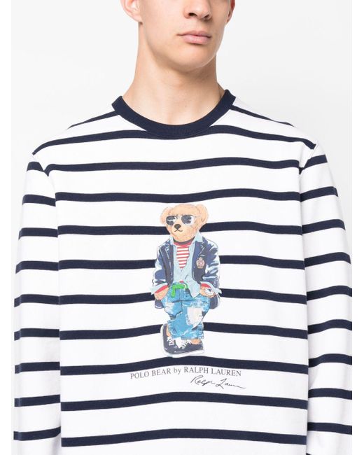 Polo Ralph Lauren Striped Crew Neck Sweatshirt mit Polo Bärendruck in Blue für Herren
