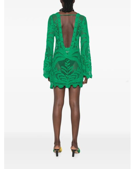 Farm Rio Green Crochet-Knit Tassel-Detail Mini Dress