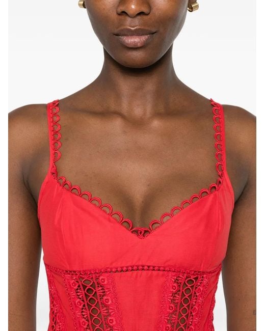 Charo Ruiz Red Poppy Scalloped-Trim Lace-Insert Top