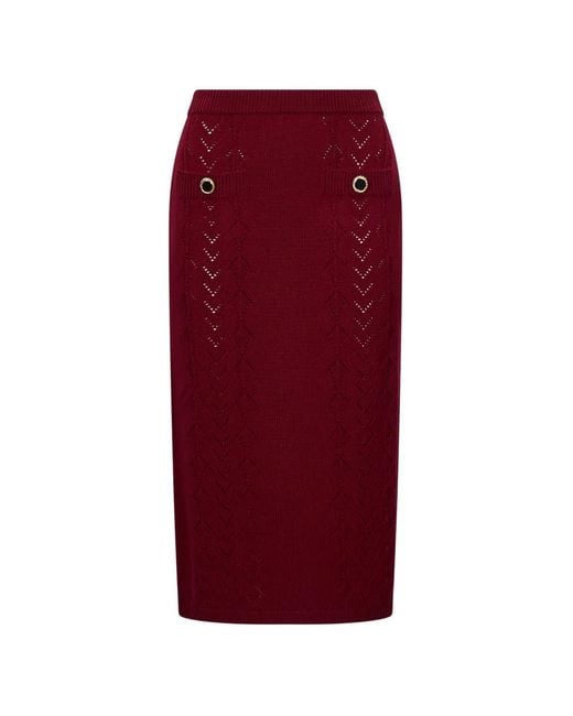 Alessandra Rich Red Pointelle-Knit Button-Detail Midi Skirt