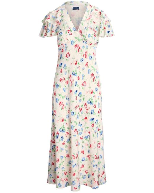 Polo Ralph Lauren White Floral-print Silk Midi Dress