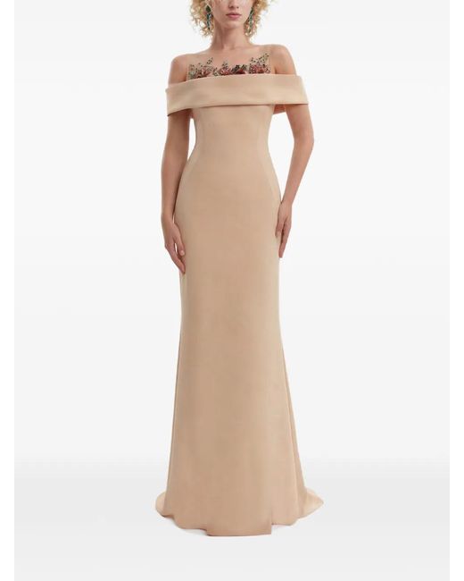 Gemy Maalouf Natural Floral-Beaded Off-Shoulder Dress