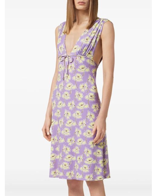 Versace Purple Poppies V-Neck Midi Dress