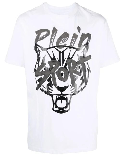 Philipp Plein White Tiger-Head Logo-Print T-Shirt for men