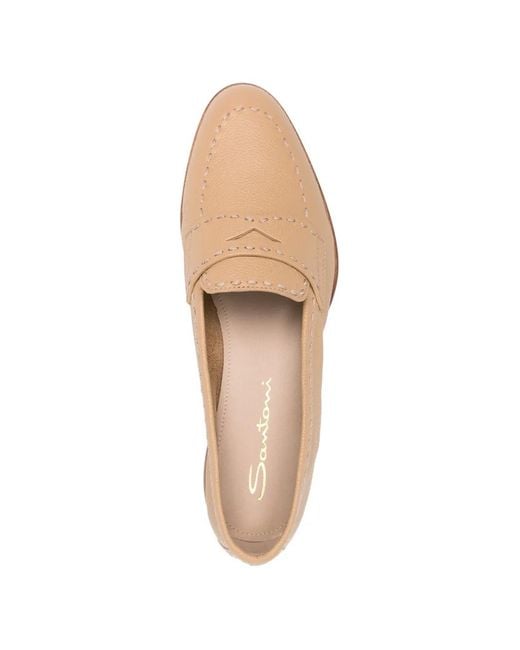 Santoni Natural Topstitched Leather Loafers