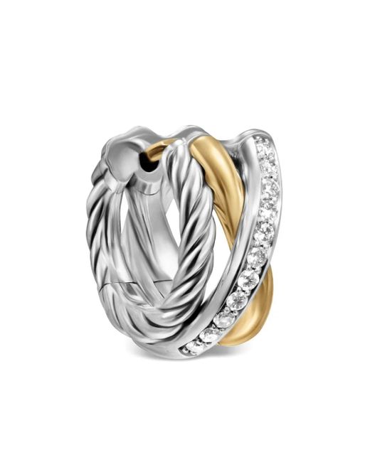 David Yurman Metallic 18Kt And Sterling Crossover Three Row Diamond Hoop Earrings (13Mm)