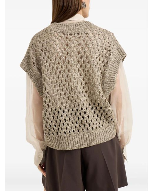 Brunello Cucinelli Gray Open-Knit Sleeveless Top