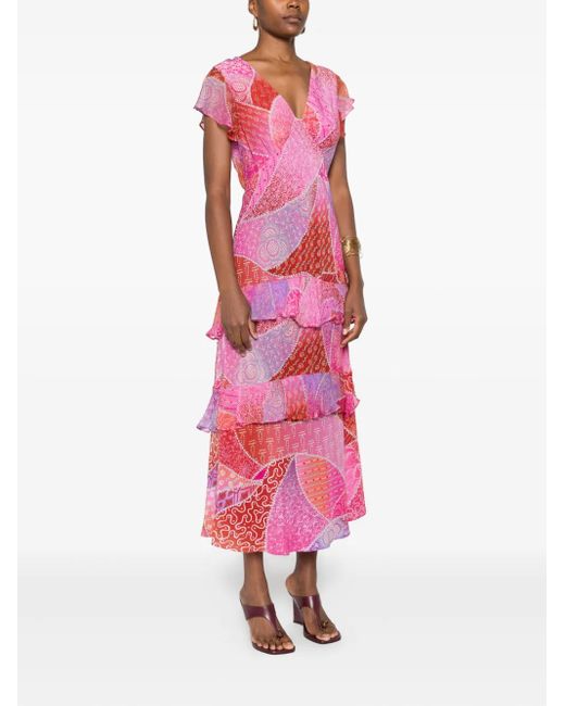 Rixo Pink Patchwork Ruffled Midi Dress