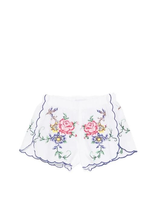 ORSINA White Floral-Embroidered Scalloped-Hem Mini Shorts