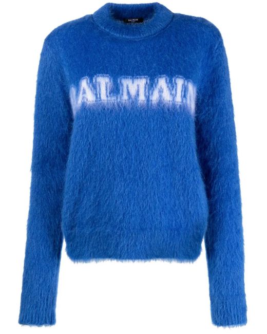 Balmain Blue Logo-Jacquard Jumper