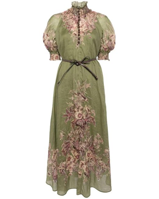 Zimmermann Green Floral Ramie Swing Maxi Dress