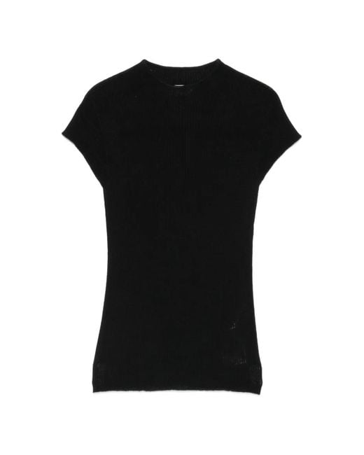 Momoní Black Kame Ribbed-Knit Cap-Sleeve Wool T-Shirt
