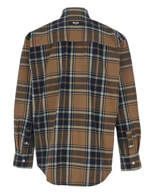 MSGM Gray Shirt With Logo Patch On The Front And All-Over Check Motif for men