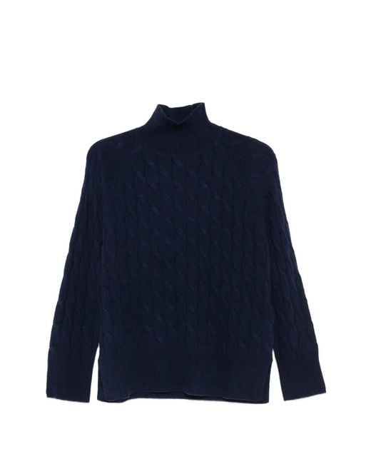 Marella Blue Cable-Knit Mock-Neck Sweater