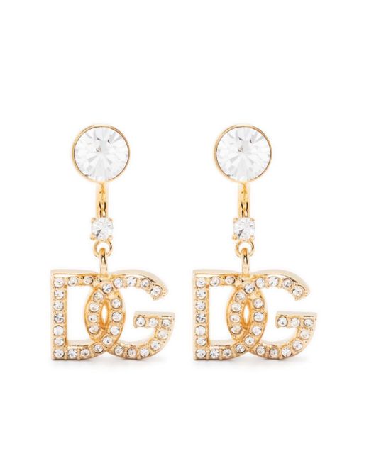 Dolce & Gabbana White Crystal-embellished Logo-plaque Drop Earrings