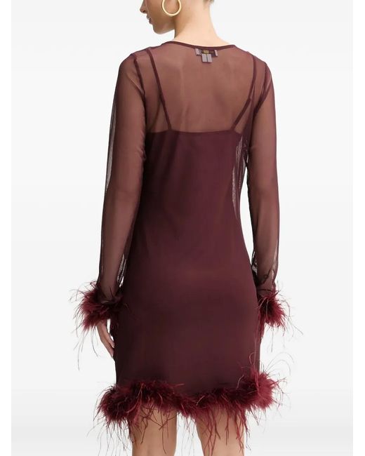 Never Fully Dressed Red Feather-Trim Mini Dress
