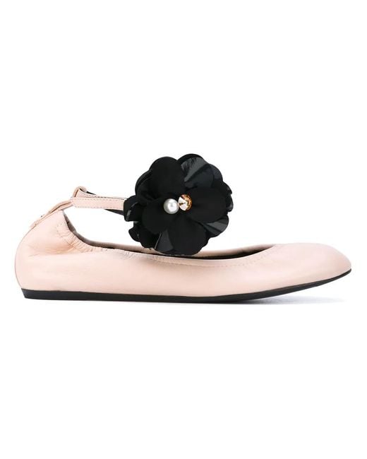 Lanvin Black Flower-Embellished Ankle-Strap Ballet Flats
