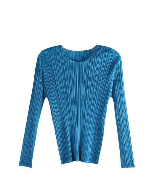 Pleats Please Issey Miyake Blue Haut Plissé À Manches Longues