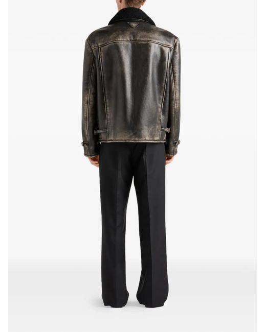 Prada Black Shearling-Trimmed Leather Jacket for men