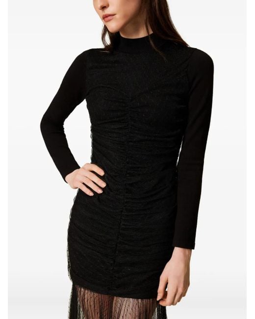 Twinset Gebreide Jurk Met Geplooide Tule in het Black