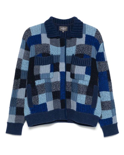 Eric Bompard Blue Patchwork Ribbed Knit Button-Front Cardigan