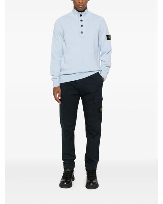Stone Island Blue High-Neck Button Sweater for men