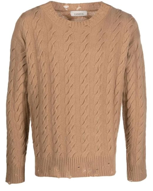 Laneus Brown Cable-Knit Crew Neck Sweater for men
