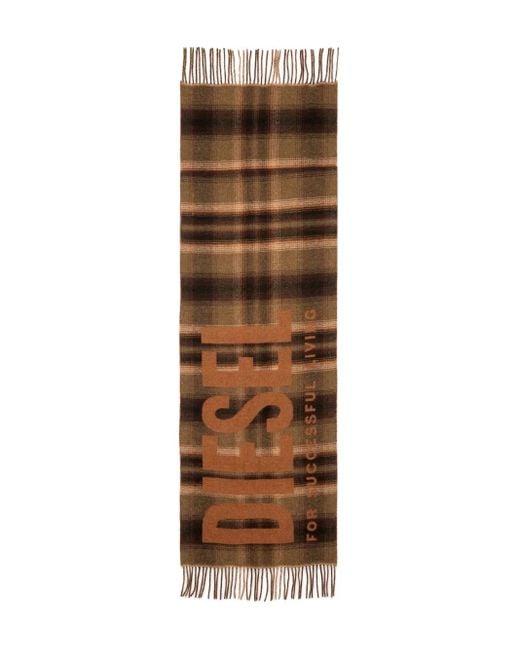 DIESEL Brown S-Check-Pattern Fringed-Edge Scarf for men
