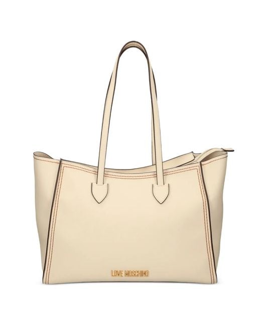 Love Moschino Natural Topstitch Logo-Plaque Tote Bag