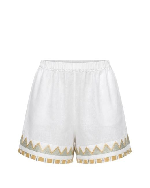 Greek Archaic Kori White Papyrus Embroidered Mini Shorts