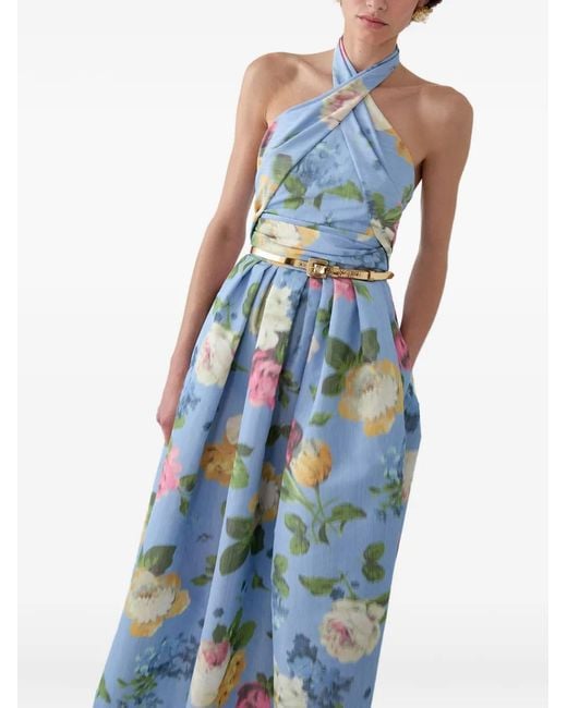 Carolina Herrera Blue Chiné Floral-Print Halterneck Dress