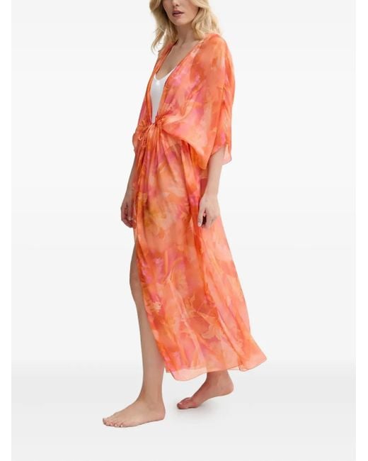 Guess Orange Floral-print Drawstring Beach Robe