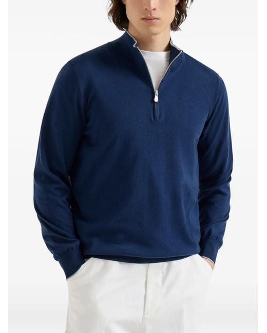 Brunello Cucinelli Blue Half-Zip Sweater for men